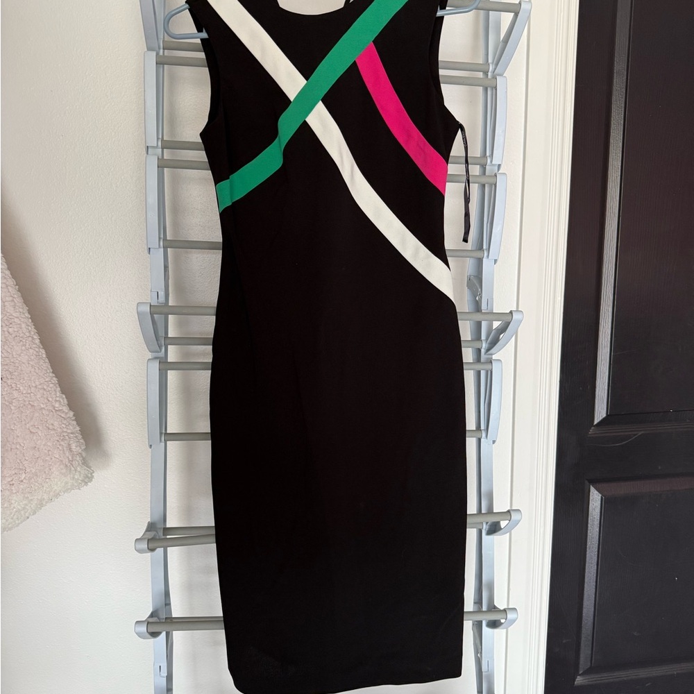 Elegant Black Dress with Colorful Stripes